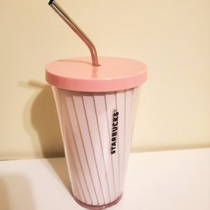 Starbucks Pink Fan pleated Cup acrylic travel Tumbler white metal straw 16oz
